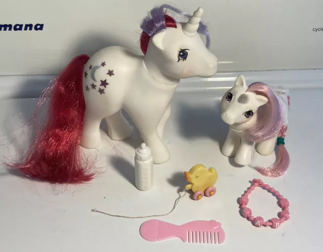 My Little Pony 1983 G1 Moondancer Baby & Mom Unicorn w/ Diaper & Accessories
