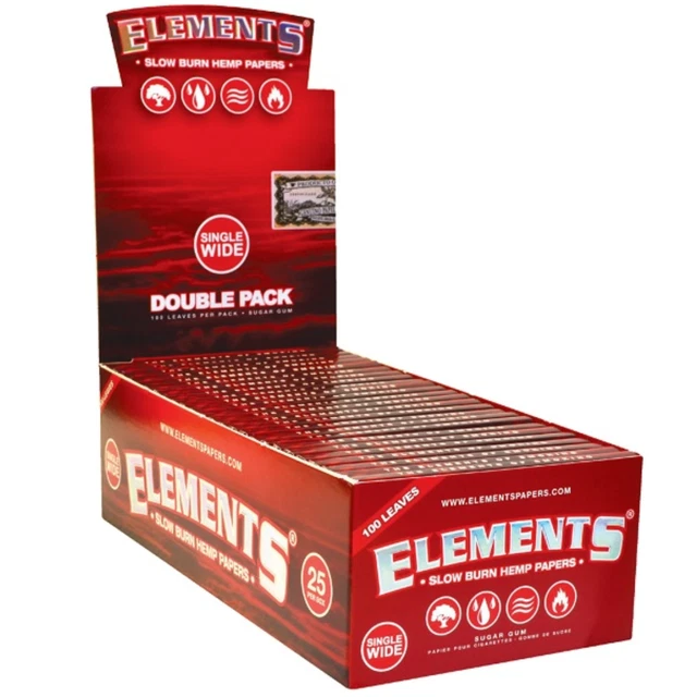 Elements RED Slow Burn Hemp Rolling Paper Single Wide Double Pack ( 25 Packs)