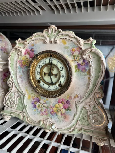 OLD ANTIQUE ANSONIA porcelain China ROYAL BONN mantel shelf Clock LARGE FLORAL