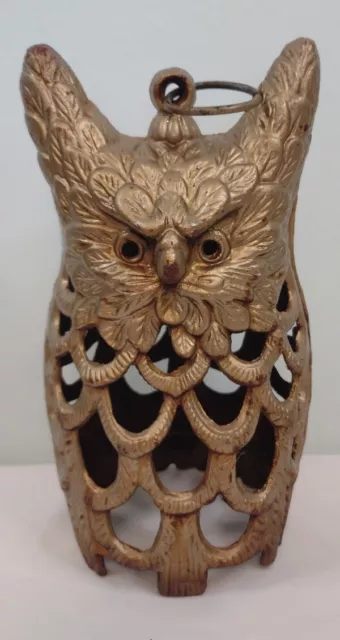 Vintage MCM Gold Colored Cast Iron 10” OWL Garden Light Lantern Candle Cover