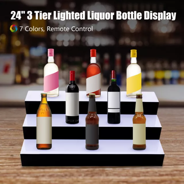 24" 3 Step 7Color LED Lighted Back Bar Glowing Liquor Bottle Display Shelf Stand