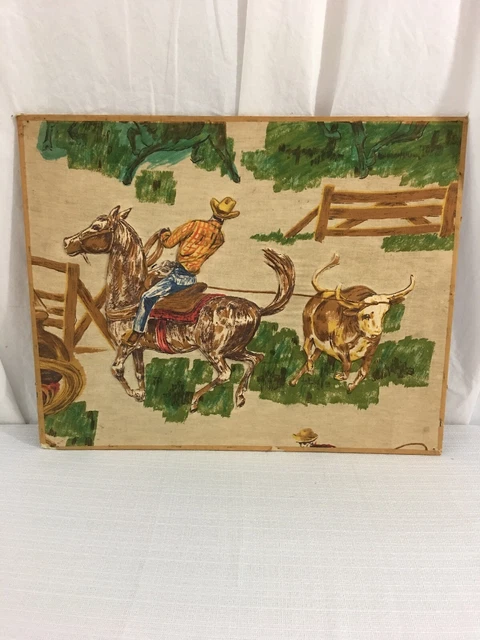 Vtg 50’s Mid Century TEXTILE Art Quilted 3D Barkcloth Picture Cowboy Ranch