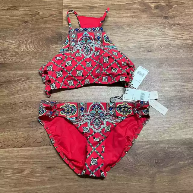 Nanette Lepore Pretty Tough Red 2PC Bikini Set Cut Out Size Small Handkerchief