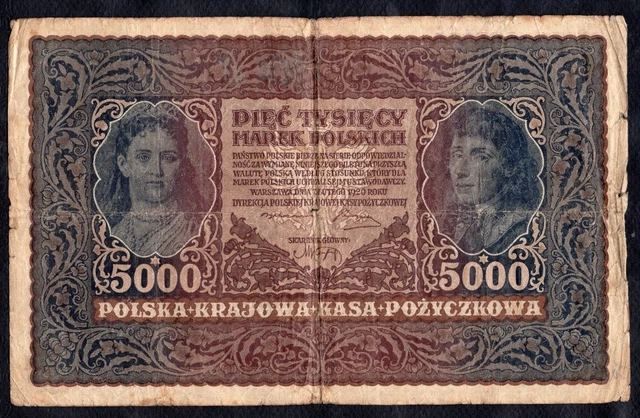 A banknote from Poland 5000 Marek "Large Size Paper Money" 1919 Good