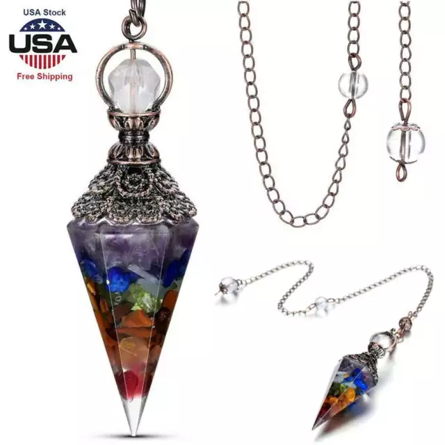 Reiki Chakra Chain Pendant Natural Quartz Crystal Pendulum Healing Chips Stone