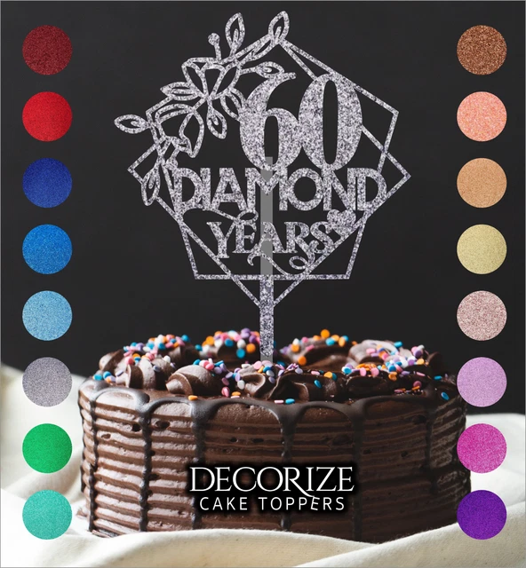 Decorazione Torta 60° Anniversario - Cake Topper "60 Years Diamond" Con Cuori, Glitter Argento - Foto 7
