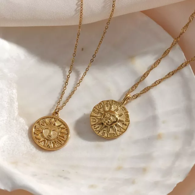 Sun Coin Pendant Necklace Round Charm Pendants Gold Color Chains Women Necklaces
