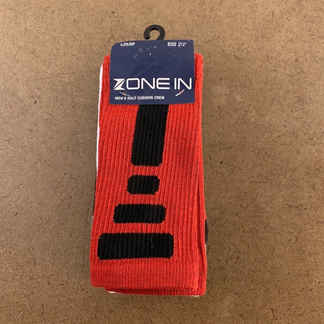 Zone In Men's Shoe Size 6-12 Red White Black Half Cushion Crew Socks 3 Pairs NWT