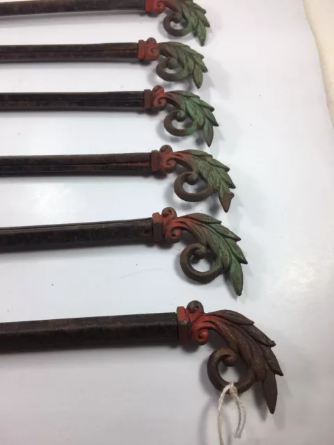 6 Antique Swing Arm Curtain Rods Extendable, Art Deco Iron Polychrome Painted