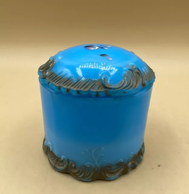 Antique Dithridge Glass Blue Milk Glass Vanity Covered Jar Opaline