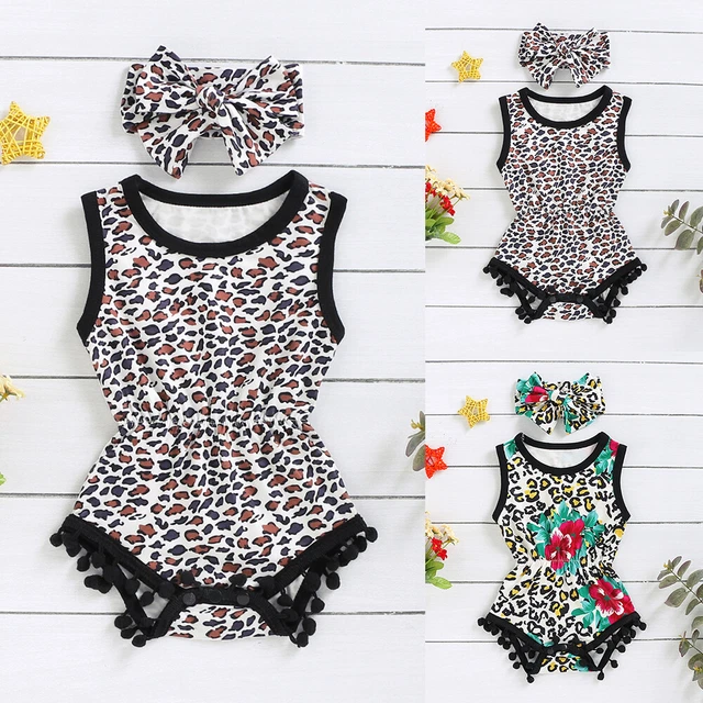 US Newborn Baby Girl Leopard Sleeveless Romper Bodysuits Headband Summer Outfits