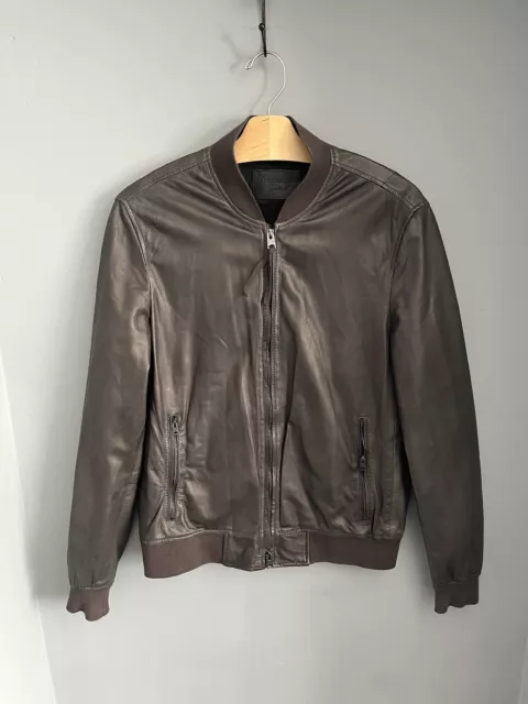 ALL SAINTS MENS Yoto Bomber Jacket Biker Sheep Leather Dark Brown Size ...