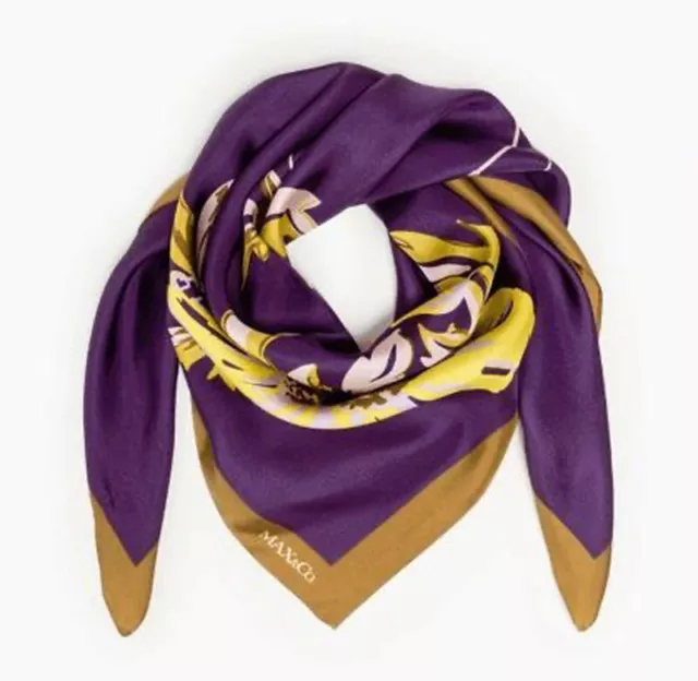 100% Pure Silk Large Square Scarf Hair Head Wrap Shawl Mustard Yellow Purple