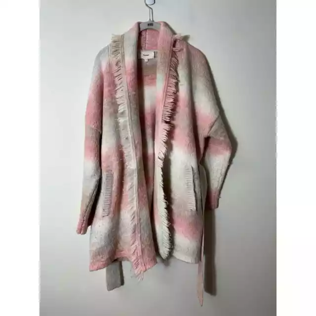 Xirena Cream Pink Ombre Fringe Knit Oversized Belted Cardigan Sweater Sz XS