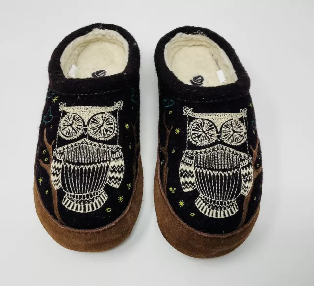 Acorn Forest Mule Slippers Embroidered Owl Berber Lined Brown Womens Size 5-6