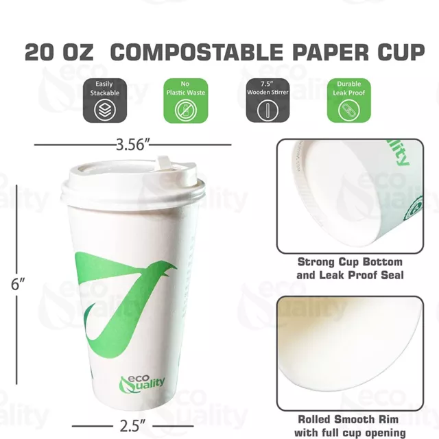 20oz Compostable Biodegradable White Paper Cups w/ White Dome Lids and Stirrers 2