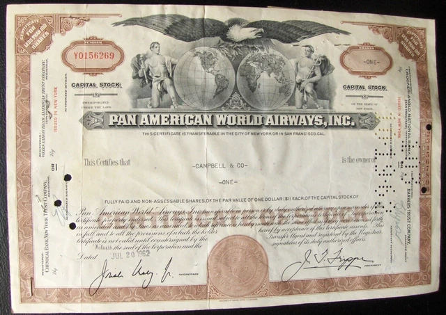 Pan American World Airways stock certificate Payee Campbell & Co + 7 stamps + 2