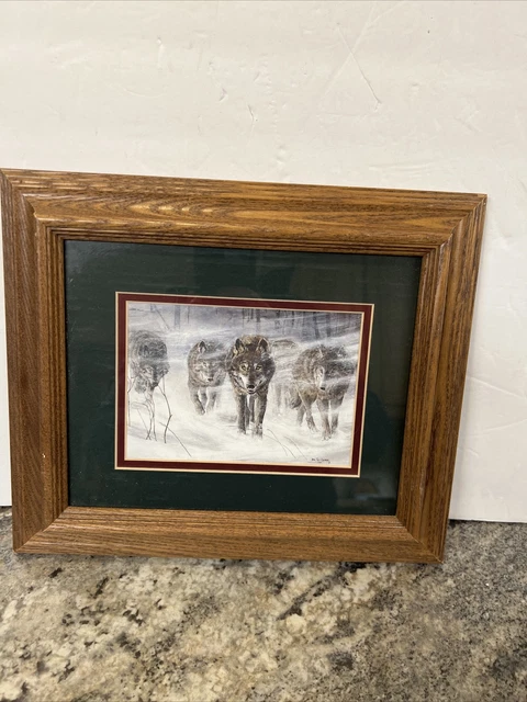 WOLF PACK IN SNOWSTORM Oak Wood Framed  W/ Matte - art Print  by Don Li-Leger