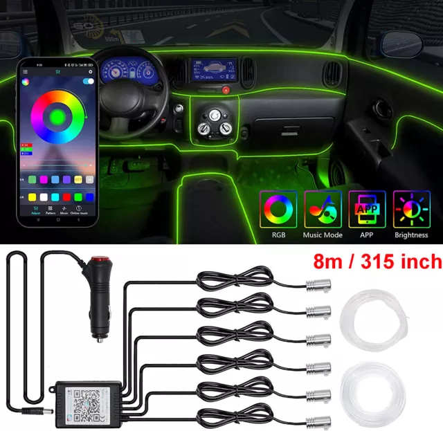 8M RGB LED Car Interior Fiber Optic Neon EL Wire Strip Atmosphere Light Kit APP