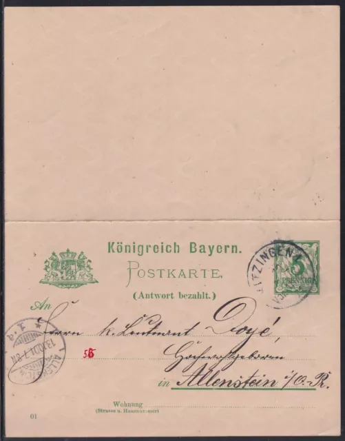 56001) Ganzsache Postkarte mit Antwort Mi.-Nr. P 58 I KITZINGEN 1901 ALLENSTEIN