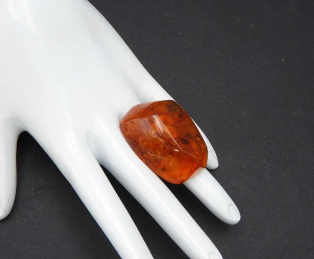 Vintage Met Adjustable Ring Large Genuine Amber Stone Handcrafted Alpaca Jewelry
