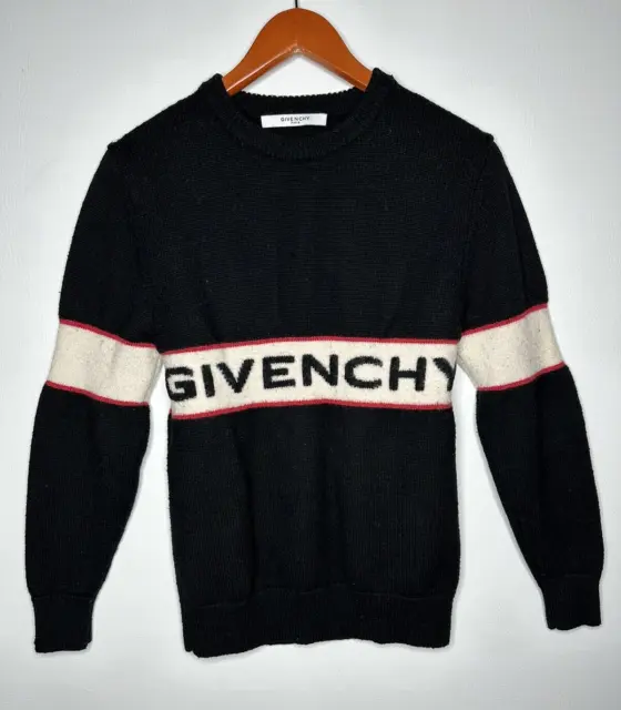 Vntg GIVENCHY Black Big Logo Knitted WOOL SWEATER Size Small S Bloggers Fav!
