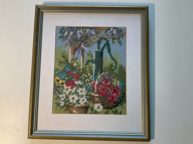Framed Completed Tapestry Country Garden & water pump Tapestry 9.5" x 8" + frame