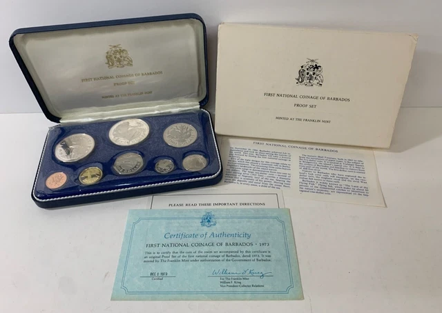 1973 FIRST NATIONAL COINAGE OF BARBADOS Proof Set, Franklin Mint, with COA, box
