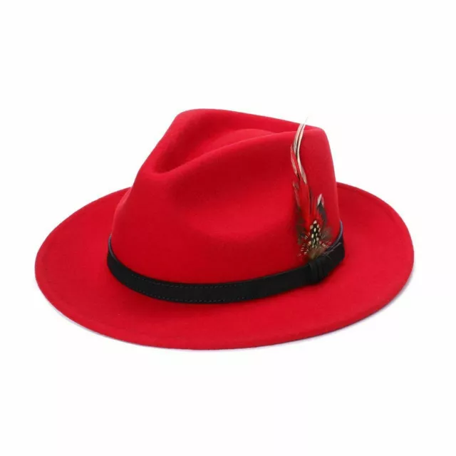 Fedora Hat 100% Wool Men's Red Felt Hats Feather Cap Women's Adjustable Band Hat