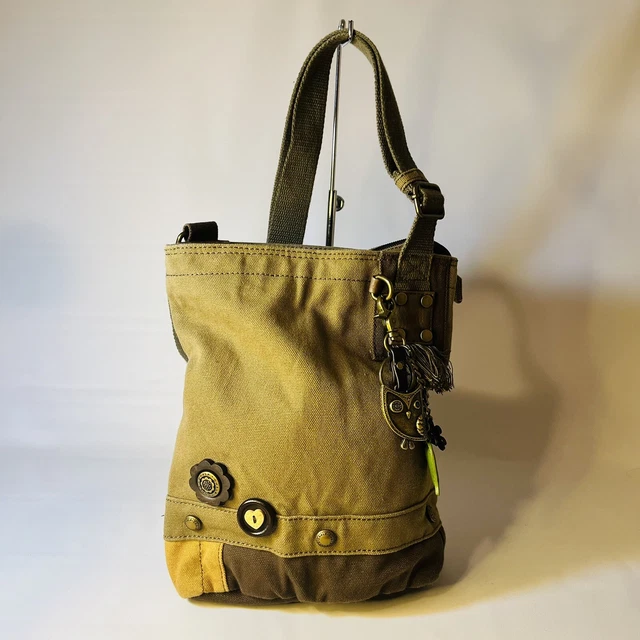 CHALA Handbag Patch Crossbody Bag Khaki Canvas with Owl Coin Key Fob Buttons