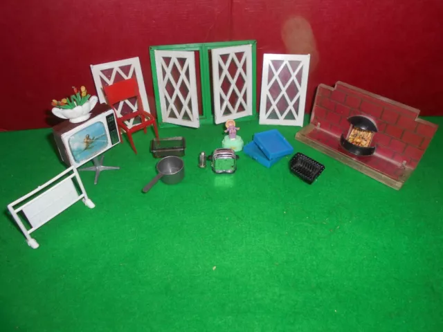 Lot of Vintage Dolls House Plastic furniture, Lundby Television, fireplace, vase