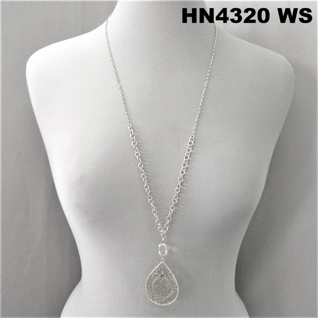 Filigree Cut Out Dangle Tear Drop Pendant Silver Finish Clear Stone Necklace