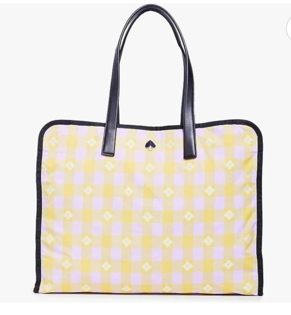 KATE SPADE Morley Tote Bag XL Yellow Check Travel Packable Nylon NWT Dustbag