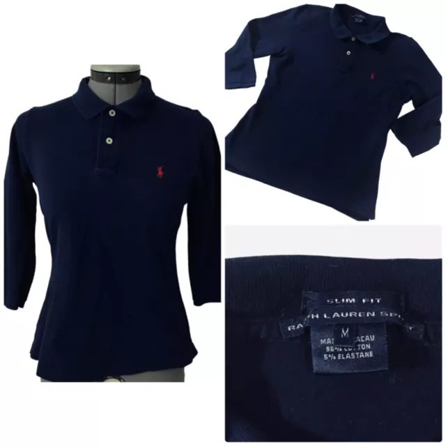 Girls Ralph Lauren AGE 10-12 Polo Shirt Navy Cotton Mesh 3/4 Sleeve Logo Top (M)