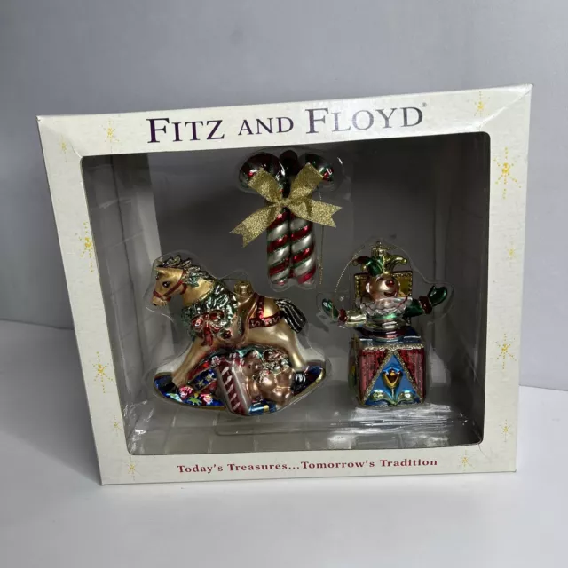 Rare 3 Pack Vintage Fitz & Floyd Christmas Ornaments Horse,Canes, Jack N The Box