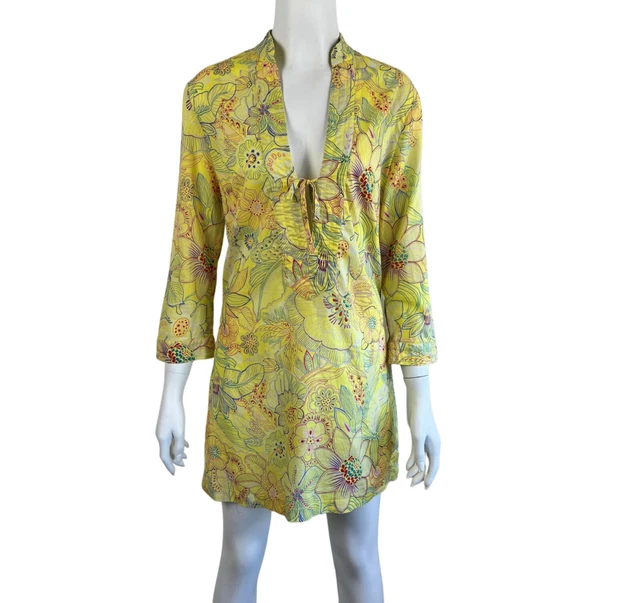 Marcs Size 2/XXS Vintage 90s Australian Made Yellow Cotton Print Tunic Dress