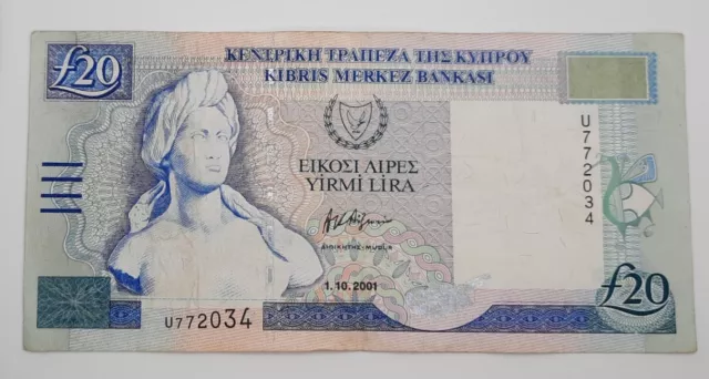 2001 - Central Bank Of Cyprus - £20 Liras / Pounds Banknote, Serial No. U 772034