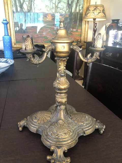 Antique 14.5” Bronzed Cast Iron Three Arm Candelabra Highly Ornate Victorian