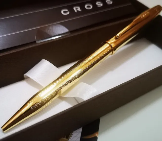 24ct Gold Plated Shiny Metal Etched Cross Ballpoint Writing Pen Gift Boxed 24k