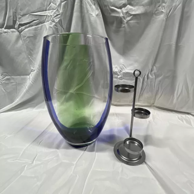 PartyLite Spring Art Hurricane Striped Blue Green Glass Candle Holder P92072
