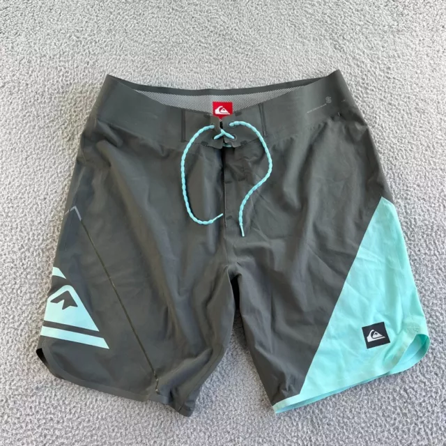 Quiksilver Board Shorts Mens 34 Gray Blue Swim Trunks Welded Stretch Seams Aloha