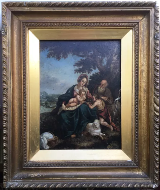 Antique oil painting, The Holy Family w/ St John the Baptist, 18th 19th century