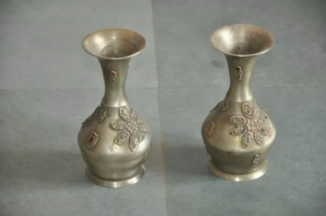 2 PC Alt Messing Handgefertigter Inlay Gravierte Blumen Topf / Vase