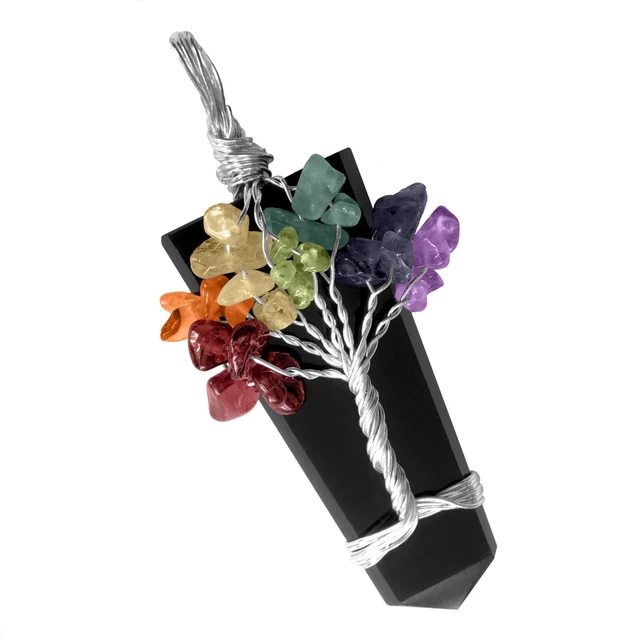 Obsidian Crystal Tree Of Life Chakra Pendant Silver Wire Wrap Gemstone Necklace