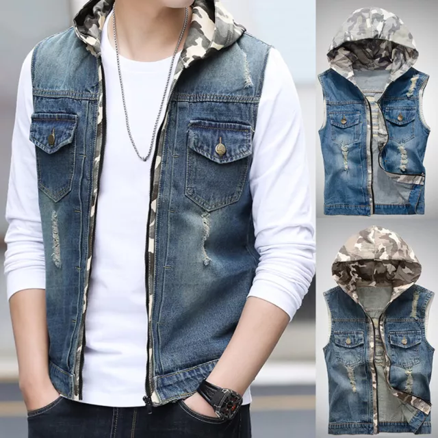 Uomo con Cappuccio Affliggere Denim Jeans Gilet Strappato Giacca Top Casual