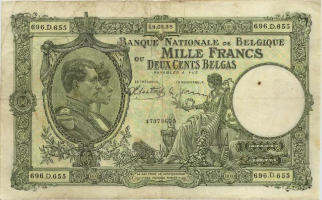 Belgien / Belgium P.104 1000 Francs = 200 Belgas 19.3.1938 (3)
