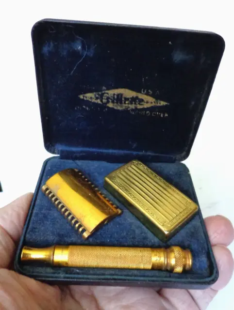 Vtg 1930S Gillette 3 Piece Open Comb Gold Plated Razor, Case, Nice    G