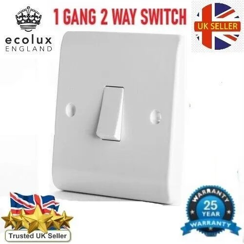 Light Switch 2 Way Single Gang 1 Gang 1G 10AX White Plastic with Fixing Screws