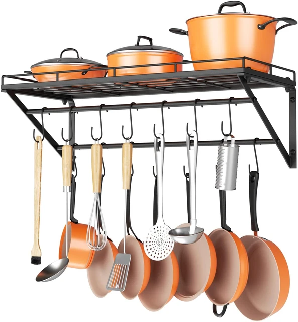 31 Inch Wall Mounted Pot Rack Storage Shelf with 2 Tier Hanging Rails
