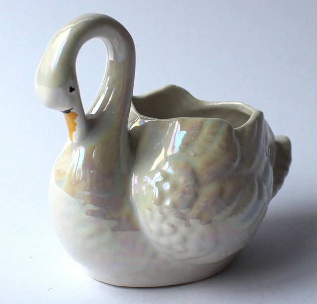 Vintage Lustreware Pottery White Swan Posy Vase Planter Retro Kitsch 1950s 12cm